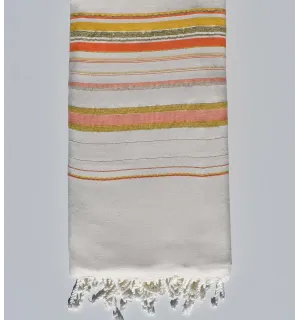 Grande telo mare fadhila crema bianco, arancio e senape con lurex Fouta Tunisia - 1